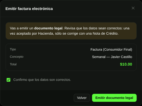 Ventana para emitir la factura electrónica